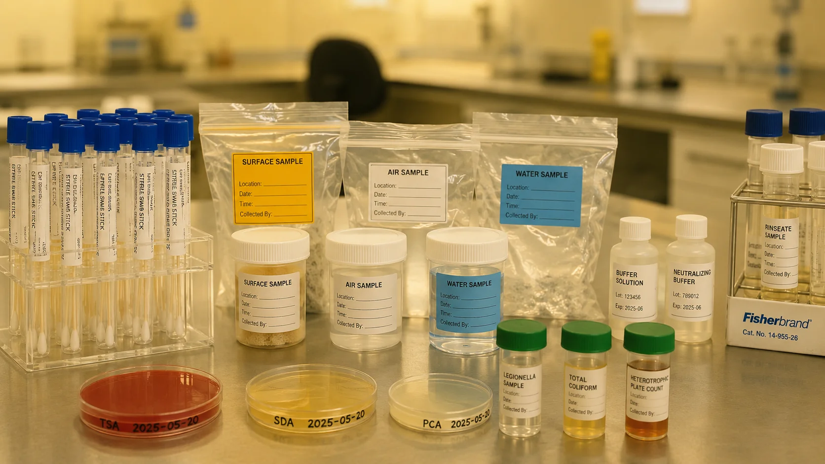 Prepared swab and environmental samples on the bench
